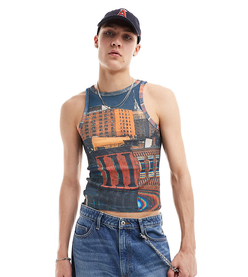 mesh tank top with city scape in shrunken fit-Multi