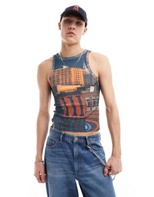 COLLUSION mesh vest with city scape in shrunken fit