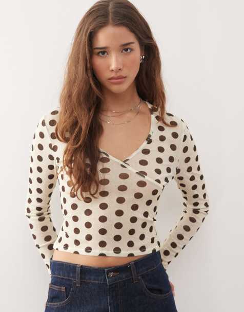 COLLUSION mesh wrap top in black and white polka dot - view 1