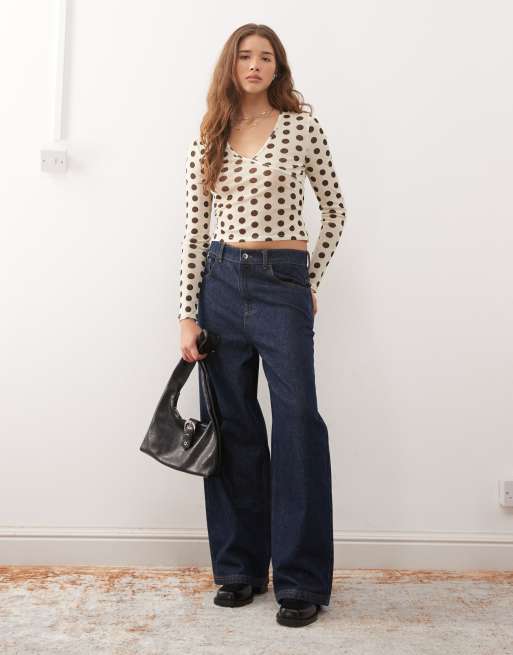 COLLUSION mesh wrap top in black and white polka dot, 2 of 4