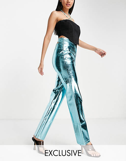 COLLUSION metallic faux leather straight leg pants in blue 