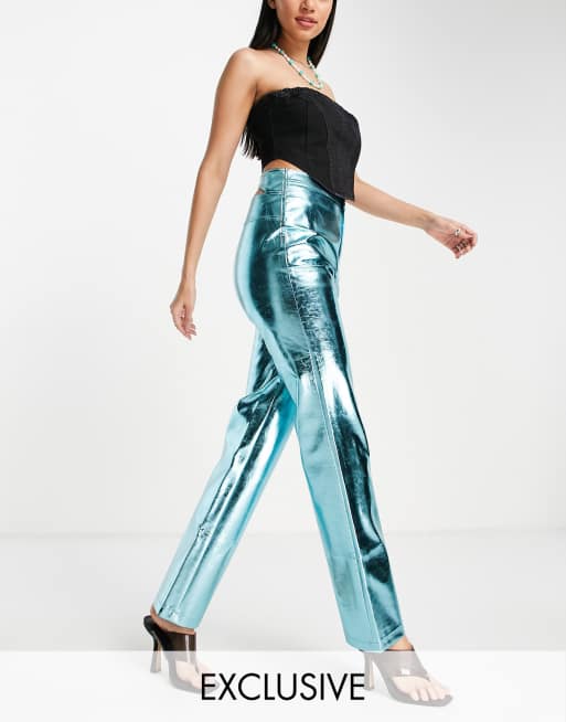 COLLUSION metallic faux leather straight leg pants in blue