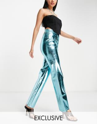 COLLUSION metallic faux leather straight leg trousers in blue  - ASOS Price Checker