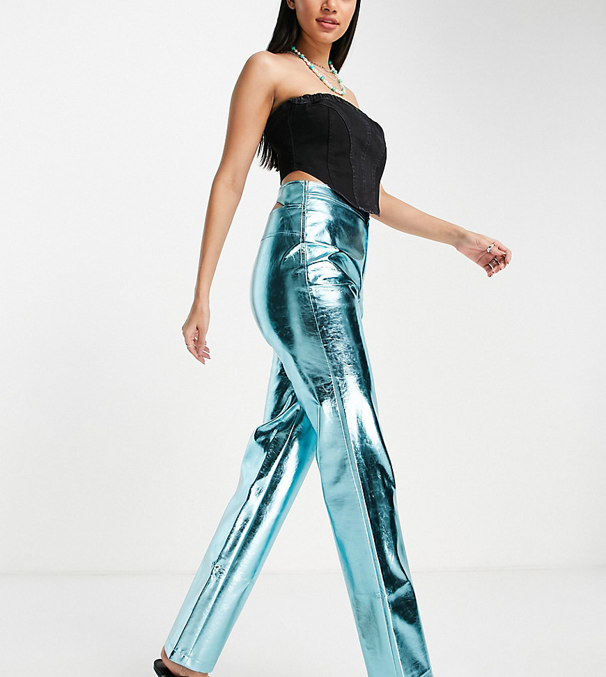 COLLUSION metallic faux leather straight leg trousers in blue-Multi