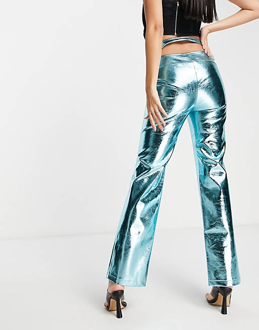 Women COLLUSION metallic faux leather straight leg trousers in blue 