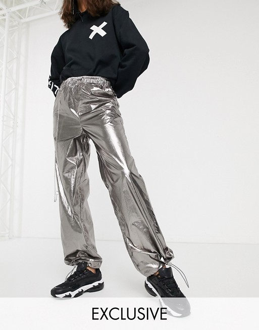 COLLUSION metallic straight leg trouser with diamante chain