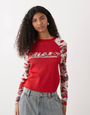 Collusion Miami Knit Raglan Top With Camo Contrast Sleeves-red