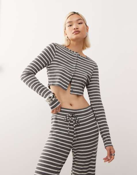 COLLUSION micro crop cardigan in grey stripe co-ord - view 1