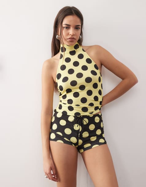 COLLUSION micro mini shorts in yellow giant spot with lace up (part of a set) - view 1