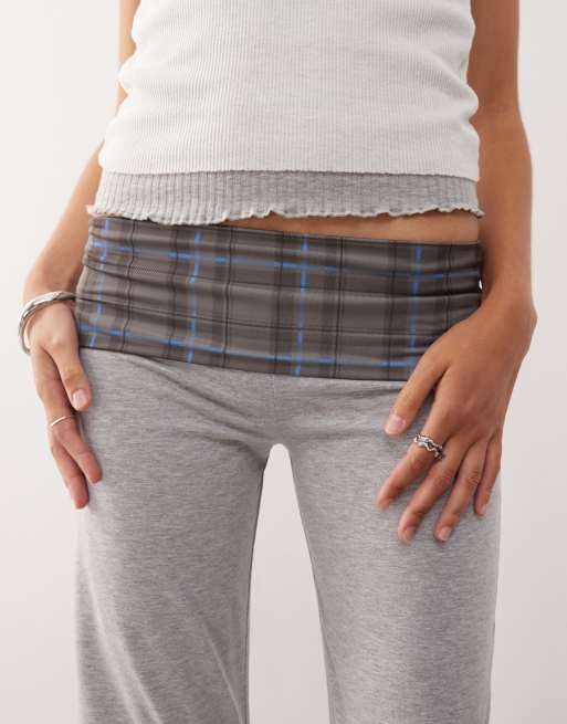 COLLUSION mid rise fold over yoga pants in gray plaid
