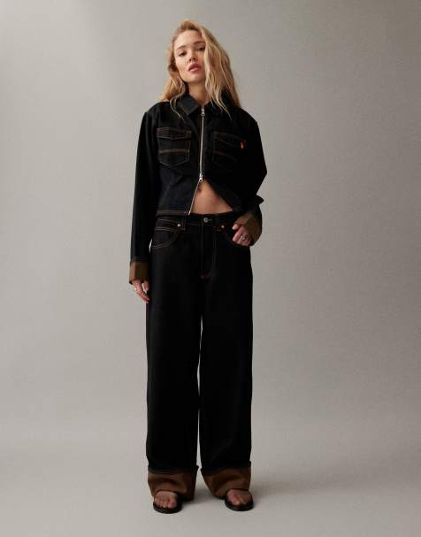 COLLUSION mid rise jean with orange contrast turn up hem in dark blue - view 1