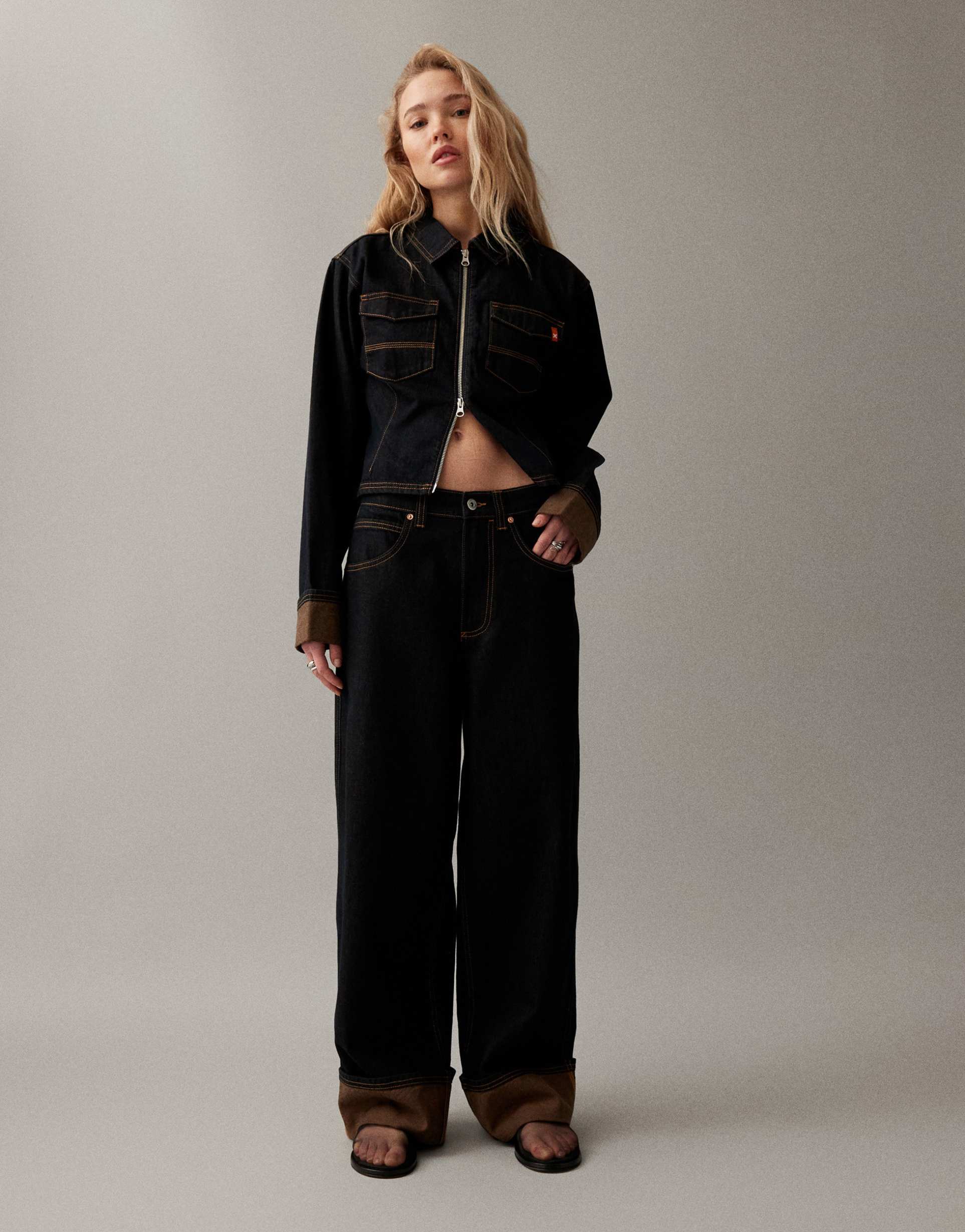 collusion mid rise jeans with orange contrast turn up hem in dark blue