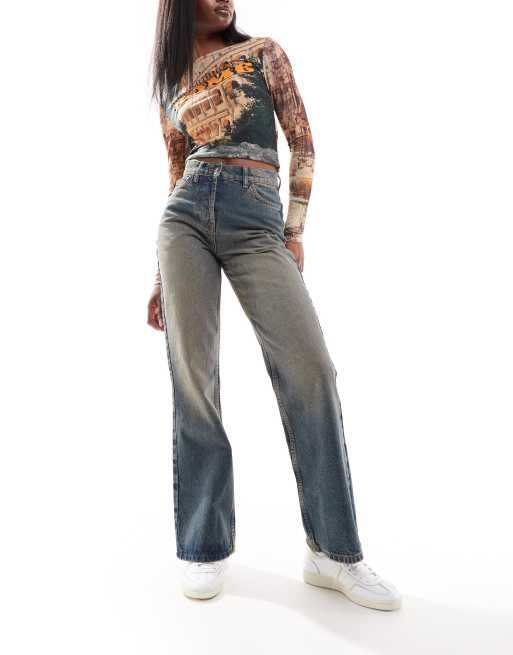 COLLUSION mid rise relaxed flare jeans in dirty wash