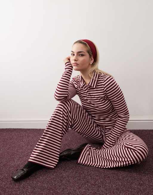 COLLUSION mid rise wide leg relaxed pants in pink brown stripe, 3 of 5