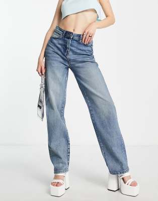 Collusion COLLUSION mid rise  baggy dad jeans in stone wash  - MBLUE