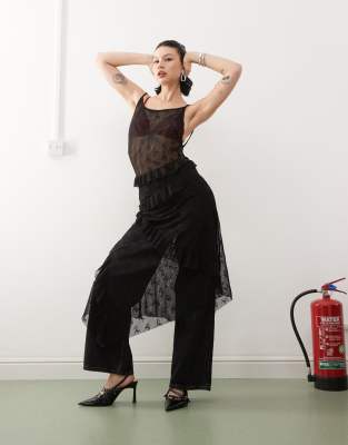 Collusion Midaxi Flared Hem Dress In Branded Logo Lace-black