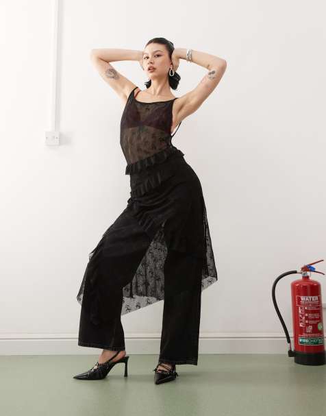 COLLUSION midaxi flared hem dress in branded logo lace - view 1