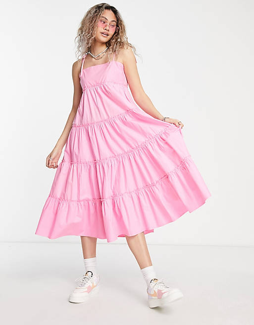 COLLUSION - Midi cami jurk met stroken in roze