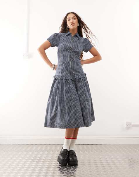 COLLUSION – Midi-Hemdkleid in Blau kariert mit tief angesetzter Taille - view 1