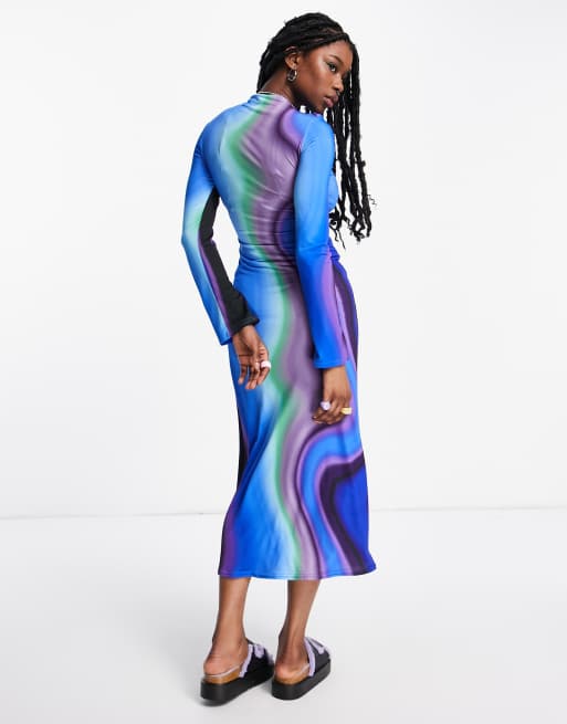 COLLUSION - Midi-jurk met lange mouwen en strepen met kleurverloop in blauw, 2 van 4