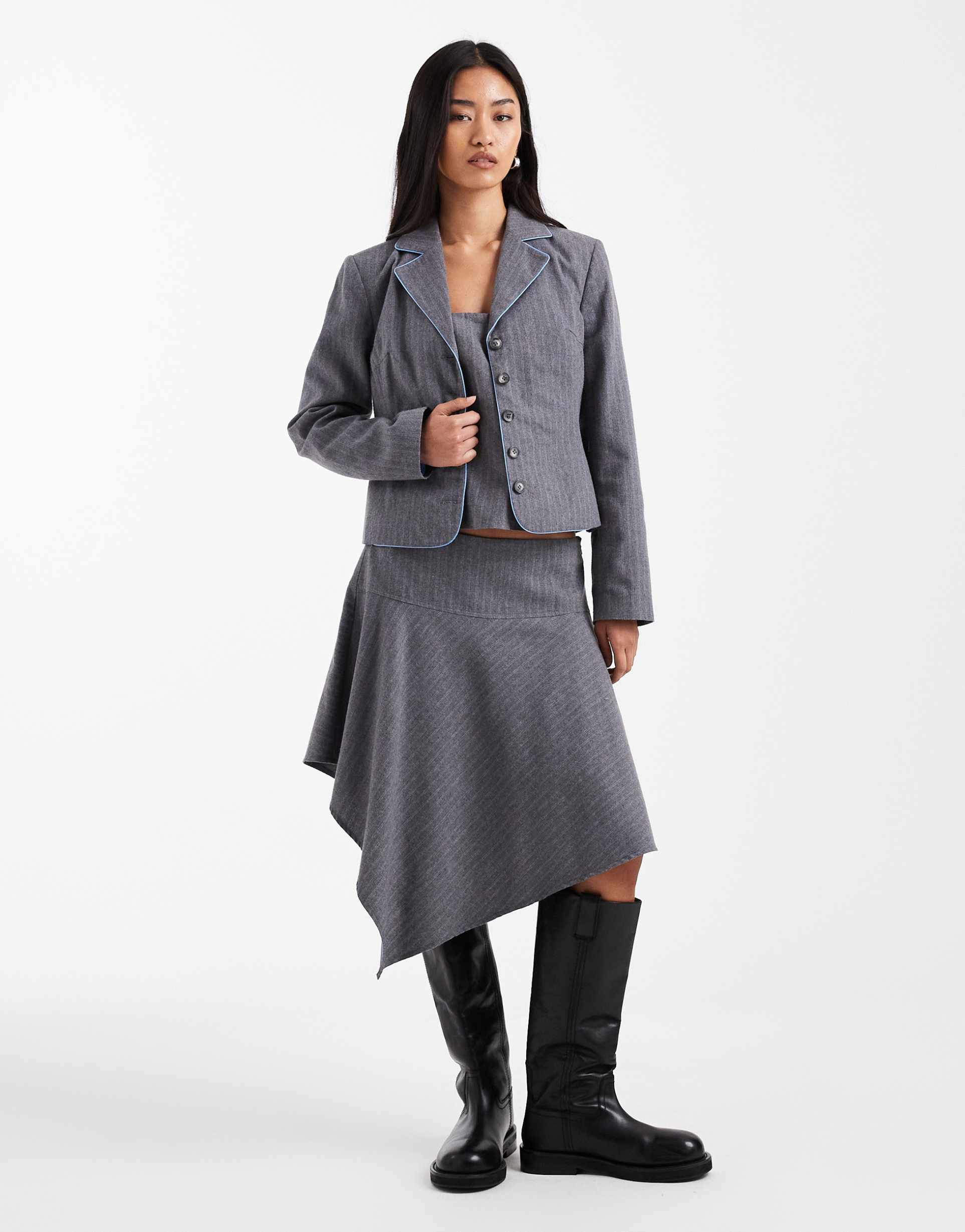 collusion midi skirt in gray pinstripes