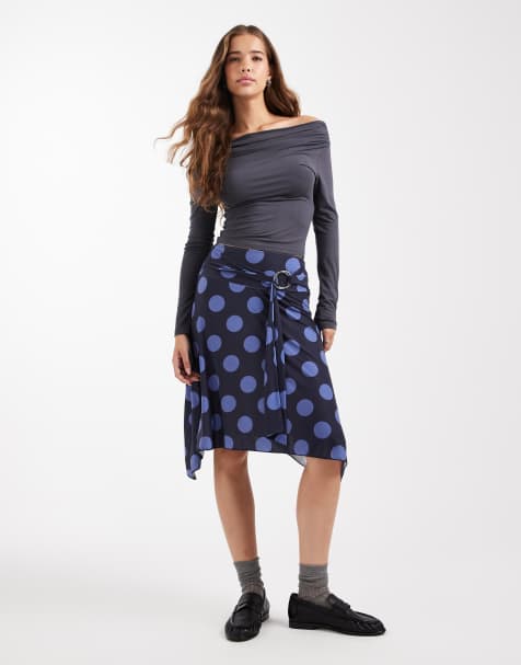 COLLUSION midi skirt with ring detail in blue polka dot - view 1