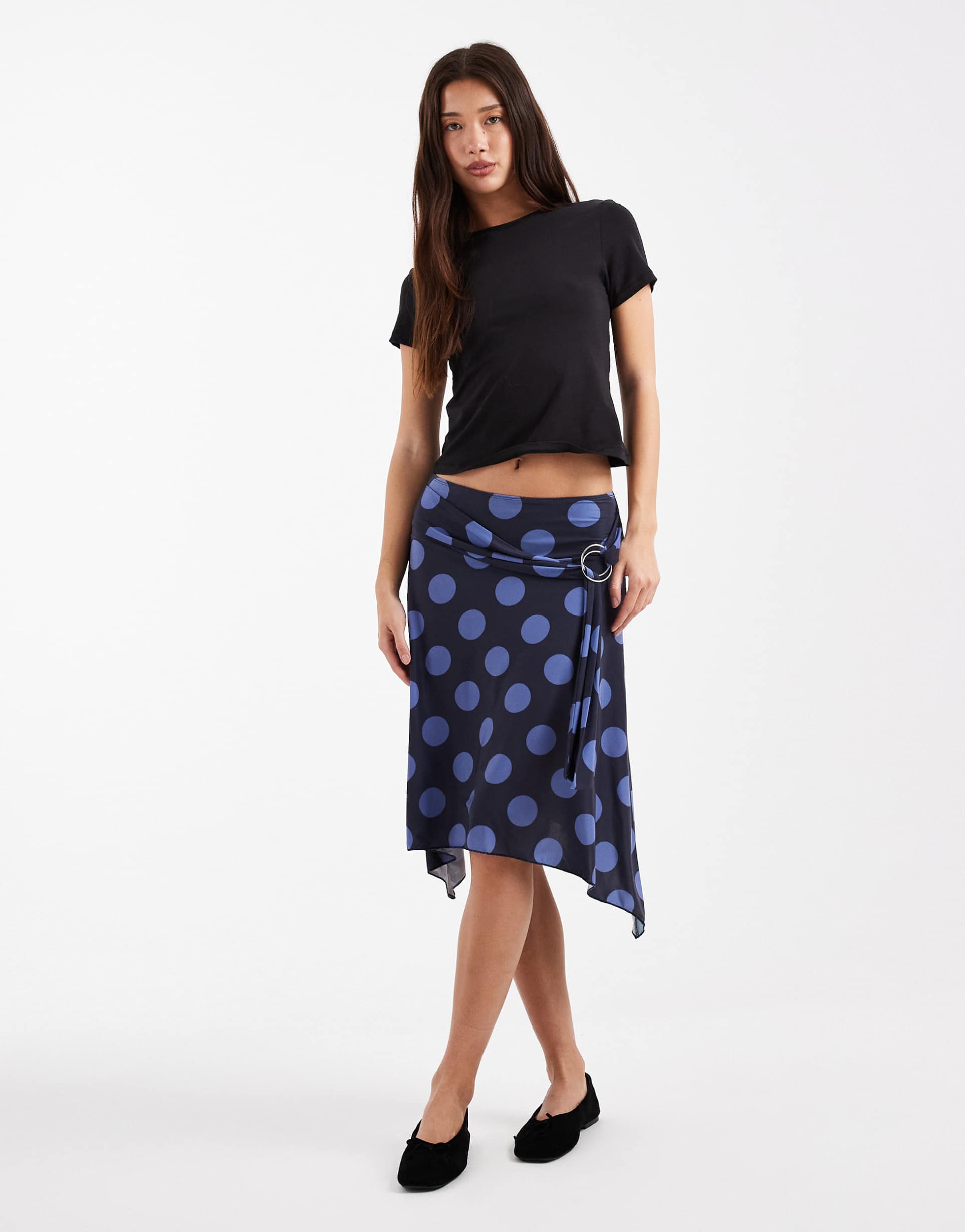collusion midi skirt with ring detail in blue polka dot