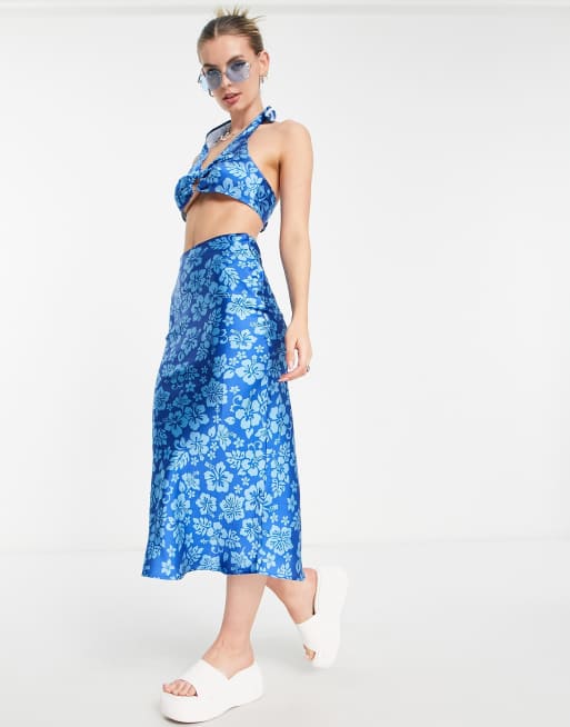 COLLUSION - Midi-sliprok van co-ord set van satijn met Hawaii-print in blauw
