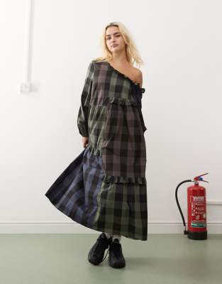 midi smock dress in cut about mixed check-Multi