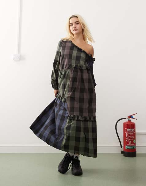 COLLUSION midi smock dress in cut about mixed check - view 1