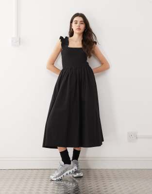 COLLUSION - Midikleid aus Webstoff in Schwarz mit Rüschenträgern
