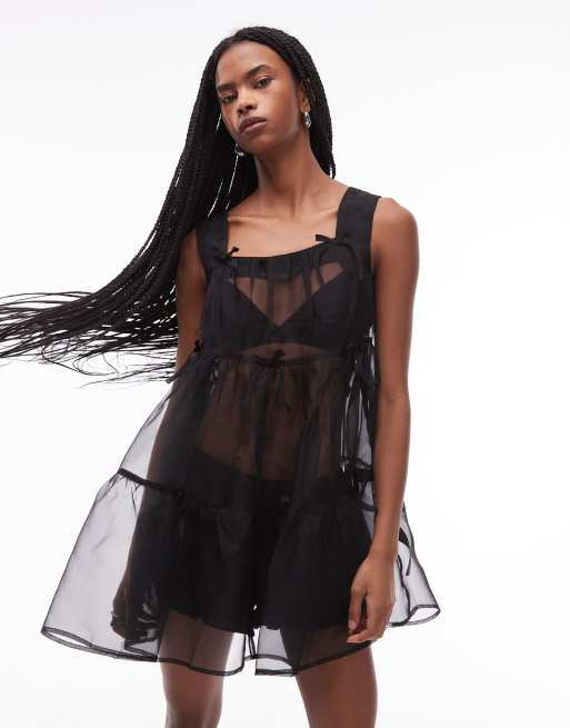 COLLUSION - Mini jurk met afwerking (boord) van organza lint, in zwart, 2 van 4
