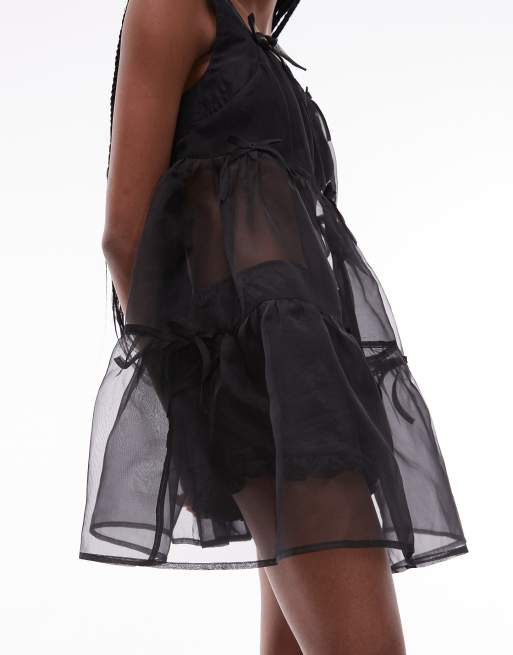 COLLUSION - Mini jurk met afwerking (boord) van organza lint, in zwart, 3 van 4
