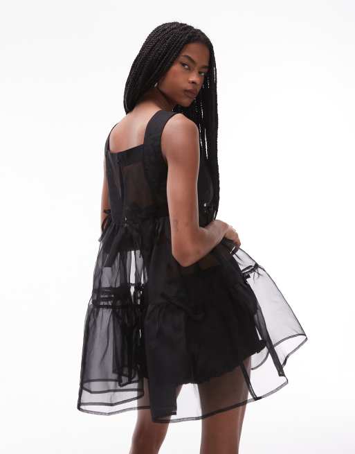 COLLUSION - Mini jurk met afwerking (boord) van organza lint, in zwart, 4 van 4