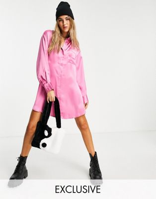 COLLUSION mini satin shirt dress in bright pink