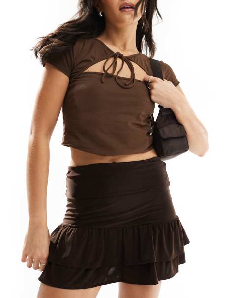 COLLUSION mini skirt with ruffle detail in brown - view 1