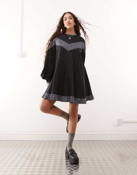 COLLUSION mini smock dress in black and gray plaid - view 1