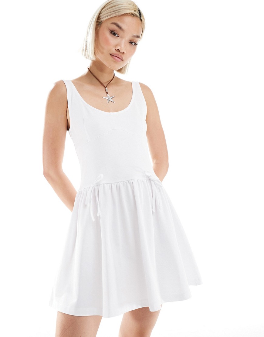 Collusion Mini Smock Dress With Tie Detail In White