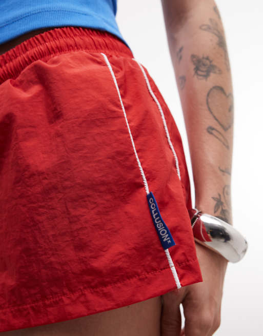 COLLUSION mini track nylon shorts in red, 4 of 5
