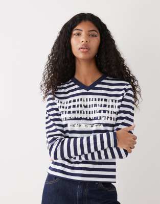 Collusion Mini V Neck Anti Fit Long Sleeve Top In Multi