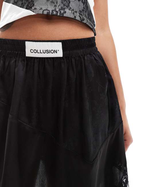 COLLUSION - Minigonna asimmetrica in misto raso e pizzo jacquard nera, 3 di 5