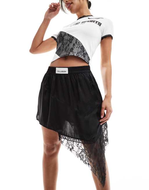 COLLUSION - Minigonna asimmetrica in misto raso e pizzo jacquard nera, 4 di 5