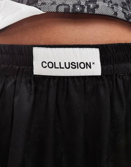 COLLUSION - Minigonna asimmetrica in misto raso e pizzo jacquard nera, 5 di 5