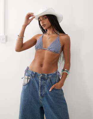 Collusion COLLUSION mix and match seer sucker triangle bikini top in blue gingham