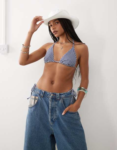 COLLUSION mix and match seer sucker triangle bikini top in blue gingham - view 1