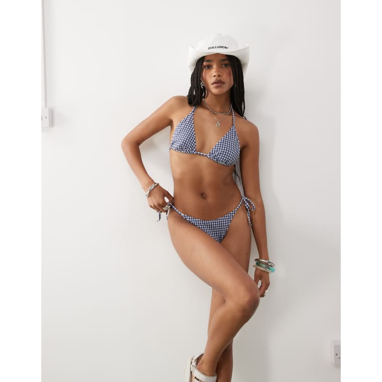 ◆ boohoo ◆ ミドル丈 チェックスイムショーツ / blue COLLUSION mix and match seersucker tie sides bikini bottoms
