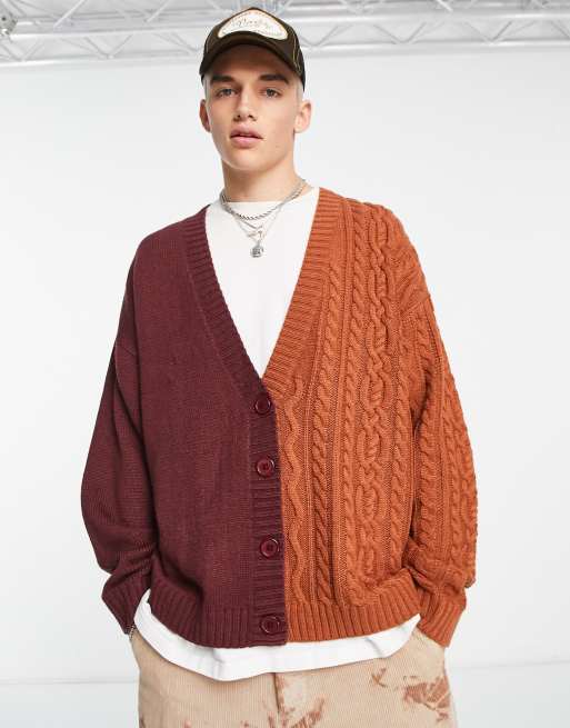 Collusion mixed cable knit cardigan in burgundy