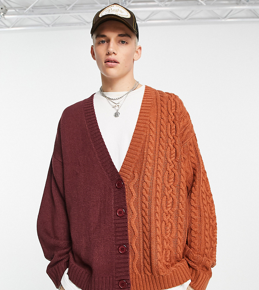 COLLUSION mixed cable knitted cardigan in burgundy-Multi
