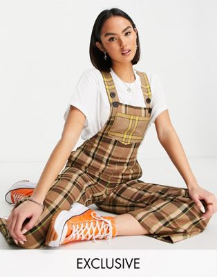 COLLUSION mixed check dungarees in brown