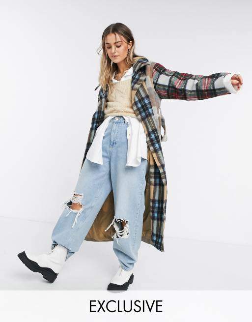 COLLUSION mixed check faux wool maxi coat